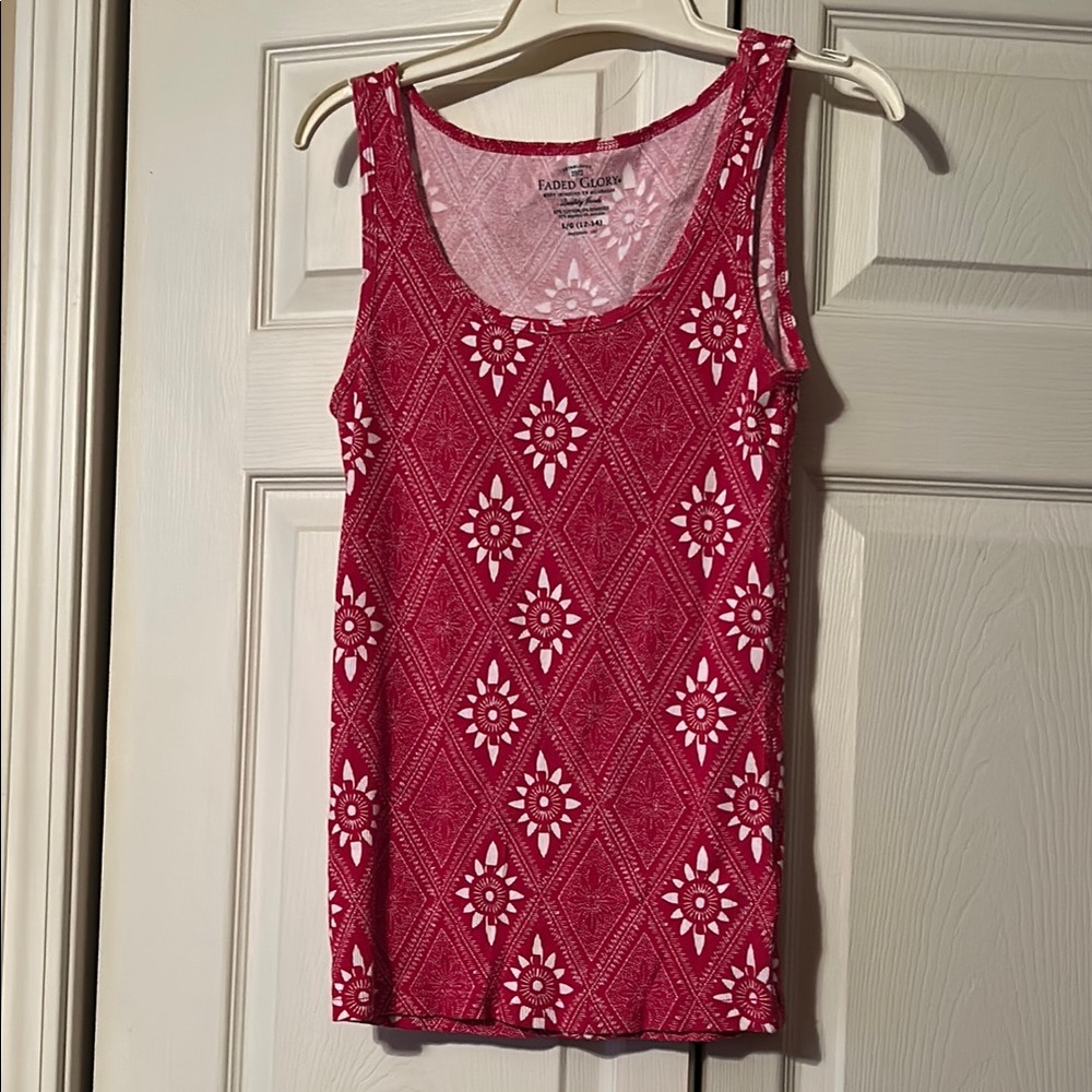 Faded Glory -Large - Red and White Ribbed Tank Top - Geometric & Floral Pattern